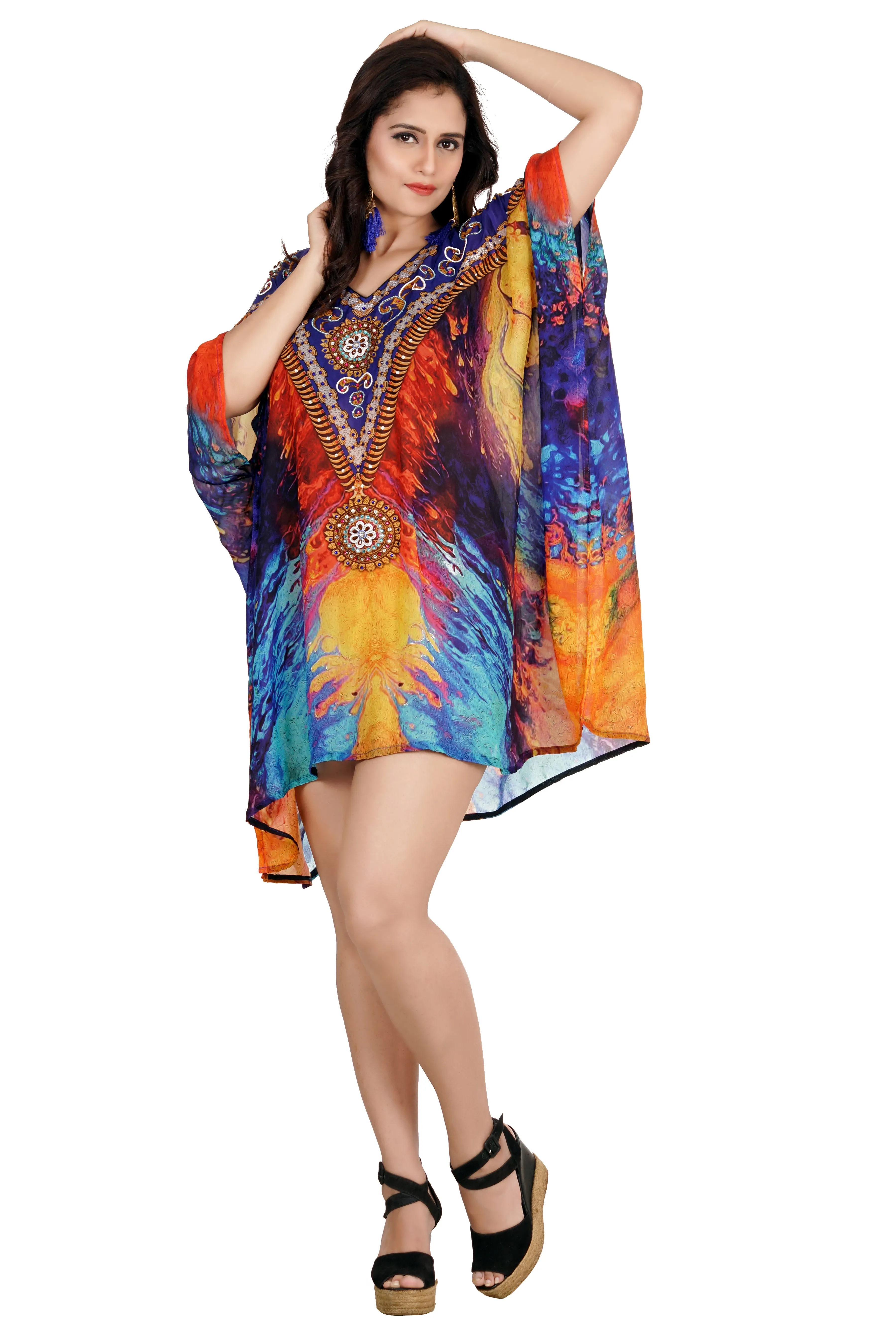 Dress in Women’s Silk caftan tunic embellished with Ornament design and Multicolored short Print