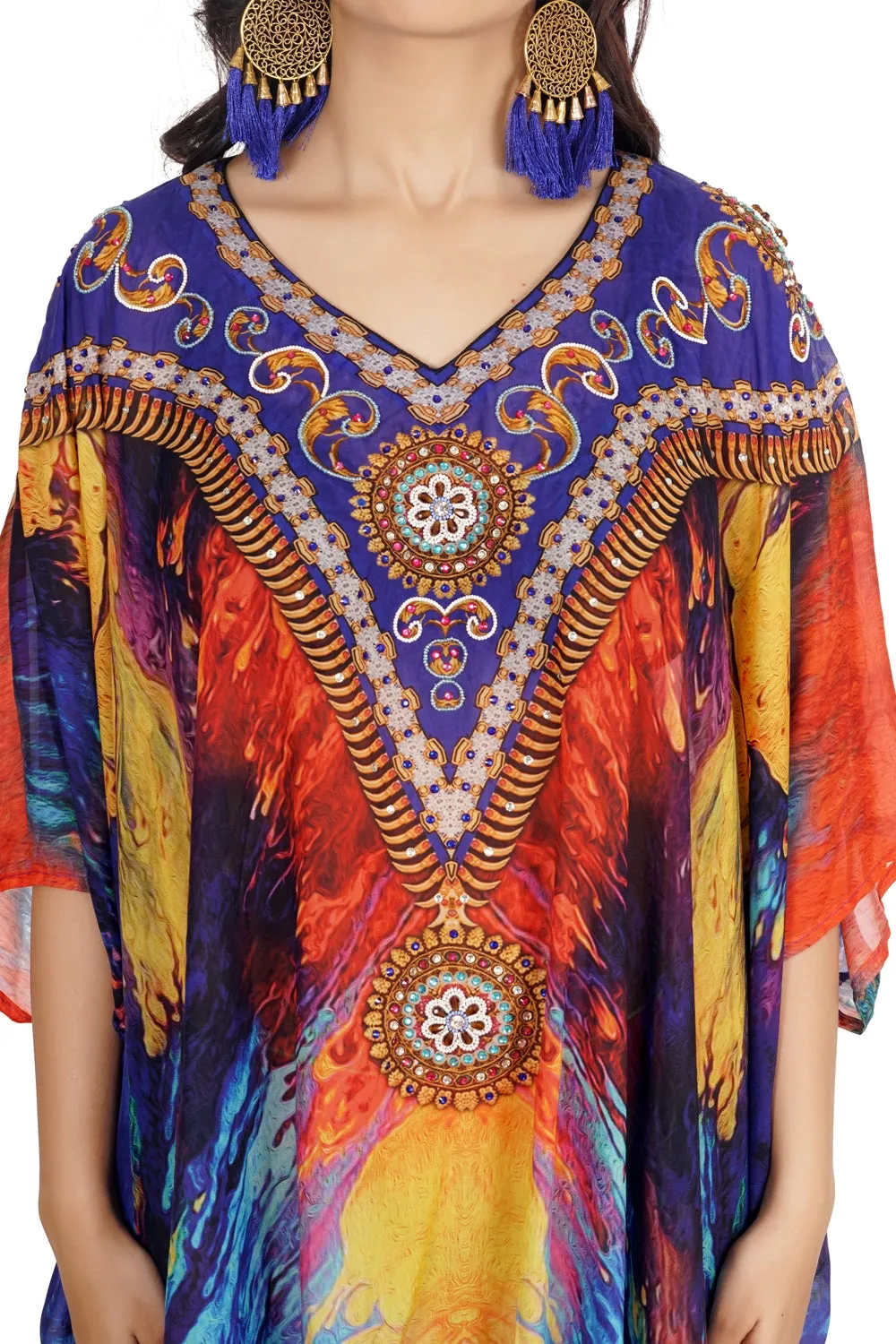 Dress in Women’s Silk caftan tunic embellished with Ornament design and Multicolored short Print