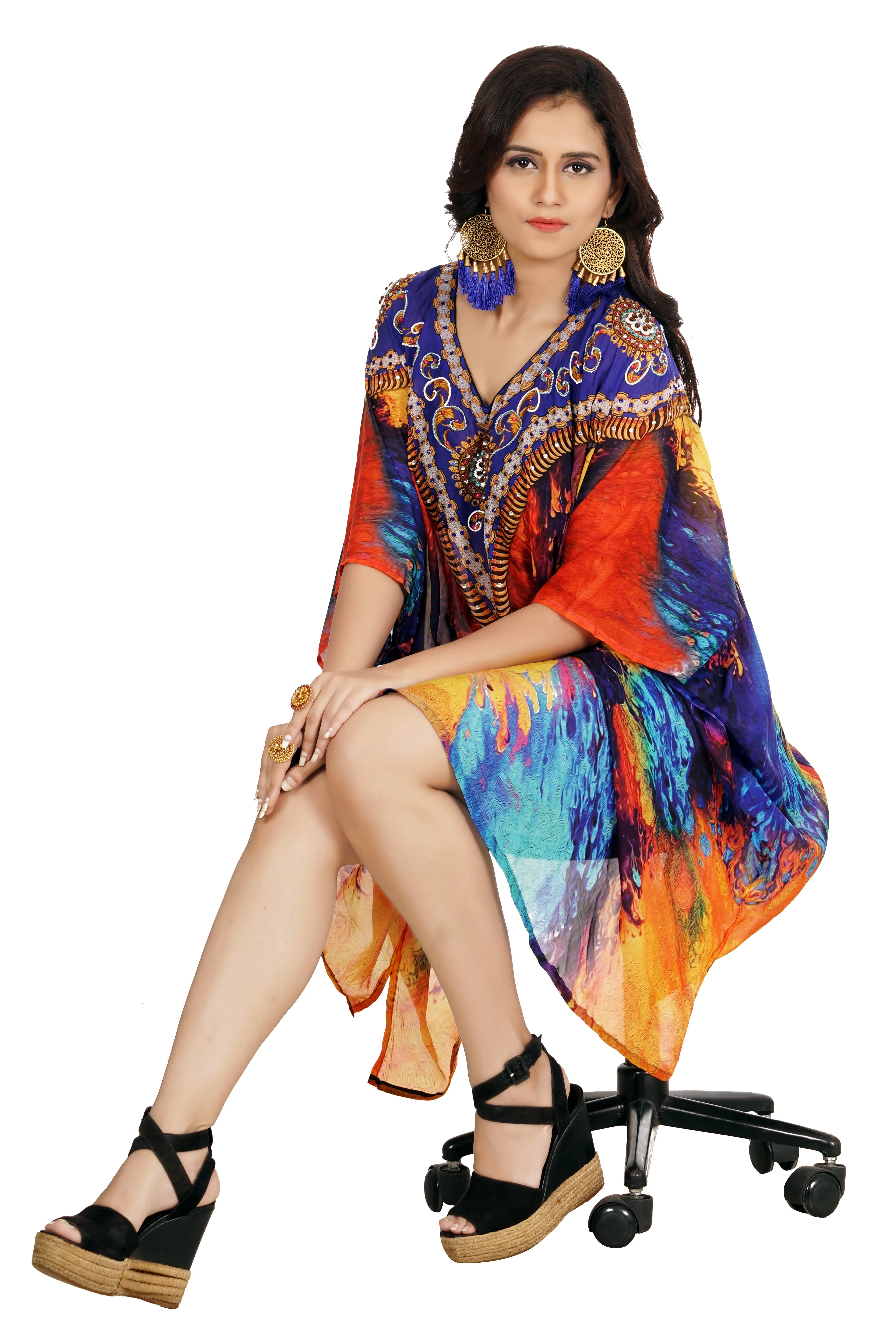Dress in Women’s Silk caftan tunic embellished with Ornament design and Multicolored short Print