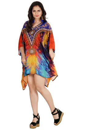 Dress in Women’s Silk caftan tunic embellished with Ornament design and Multicolored short Print