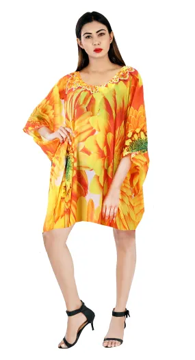 Floral Beauty in an Abstract Patterned short Silk Kaftan glorified with Sunflower Print Silk caftan tunic