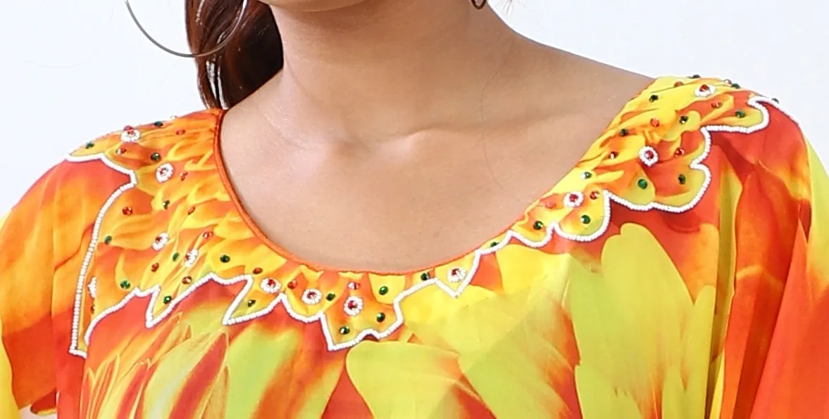 Floral Beauty in an Abstract Patterned short Silk Kaftan glorified with Sunflower Print Silk caftan tunic