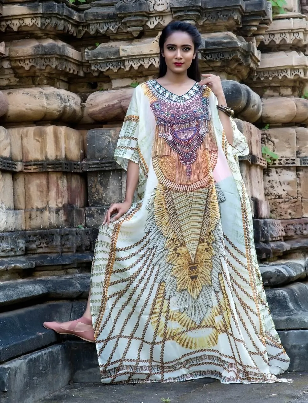 Geometric Jeweled Silk Kaftan of Full Length Ornamental Necklace Print