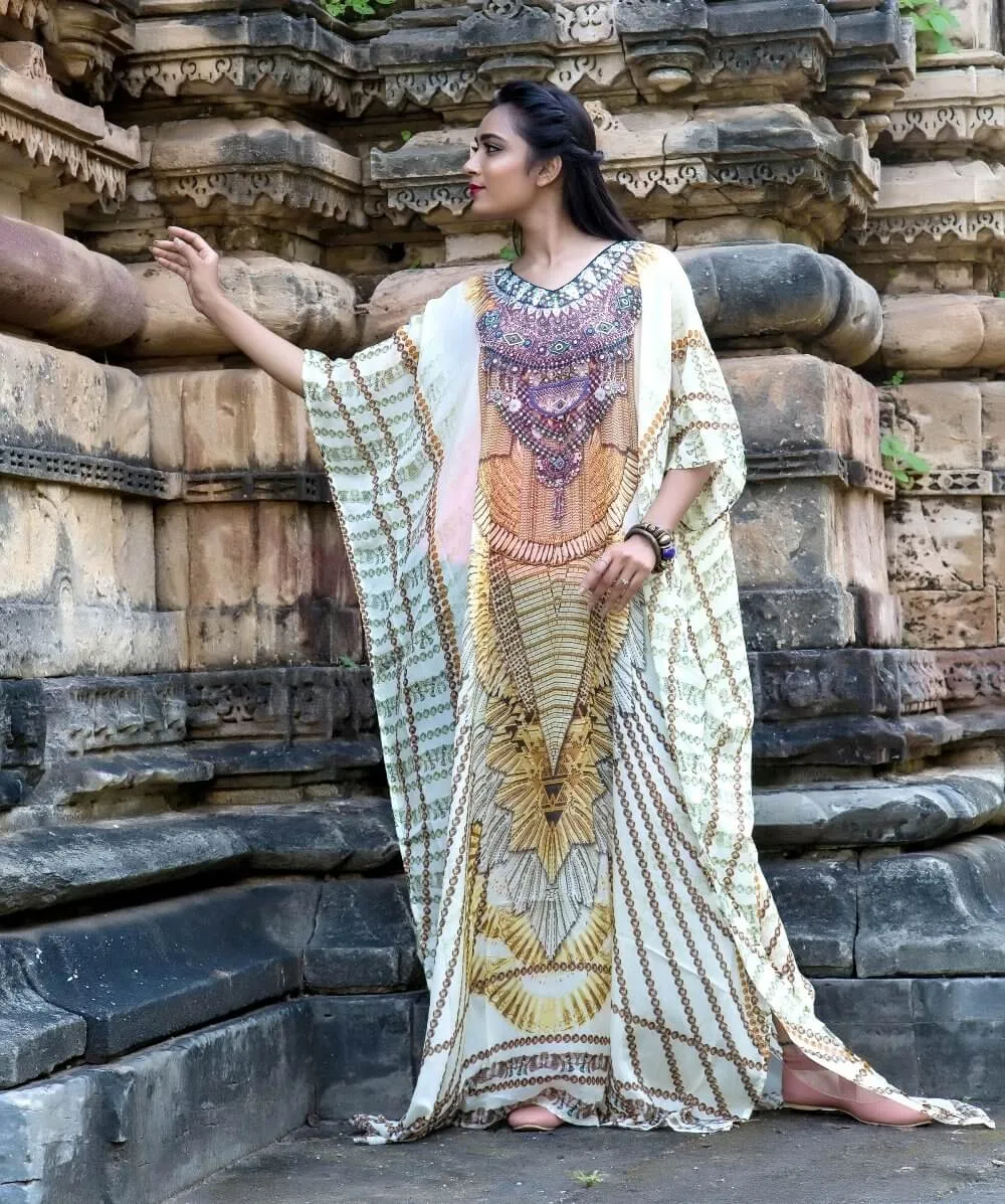 Geometric Jeweled Silk Kaftan of Full Length Ornamental Necklace Print