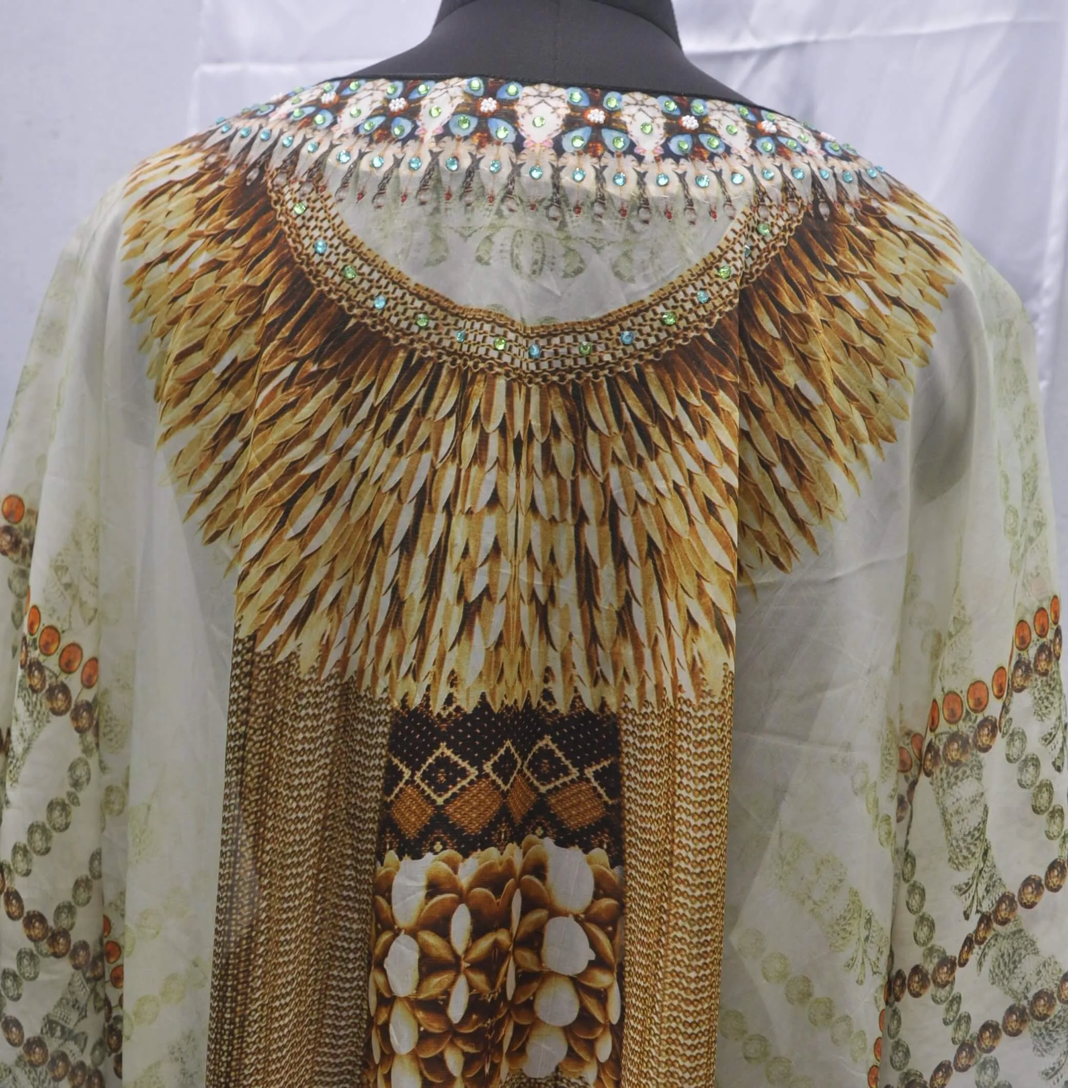 Geometric Jeweled Silk Kaftan of Full Length Ornamental Necklace Print