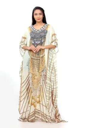 Geometric Jeweled Silk Kaftan of Full Length Ornamental Necklace Print