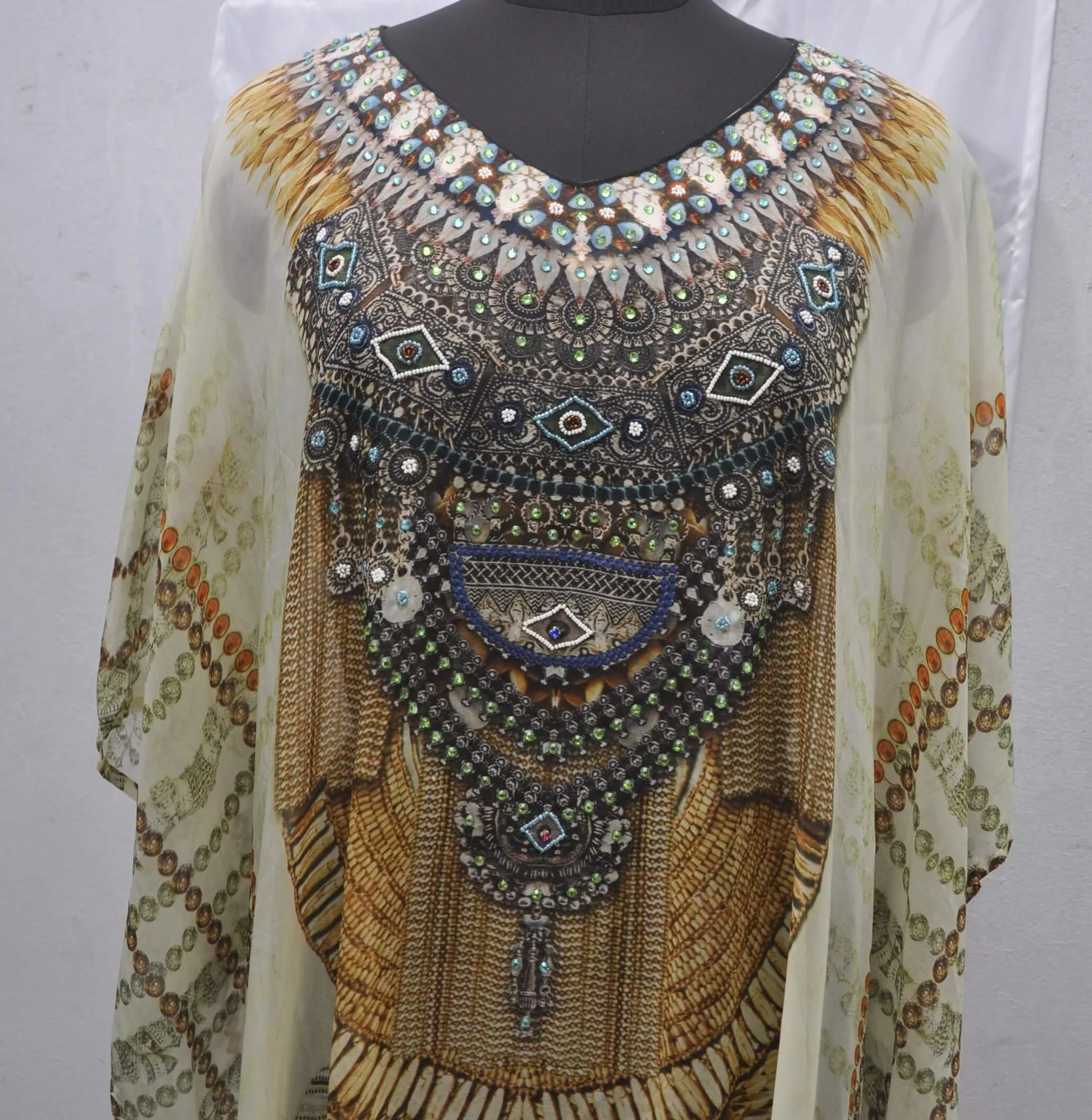 Geometric Jeweled Silk Kaftan of Full Length Ornamental Necklace Print