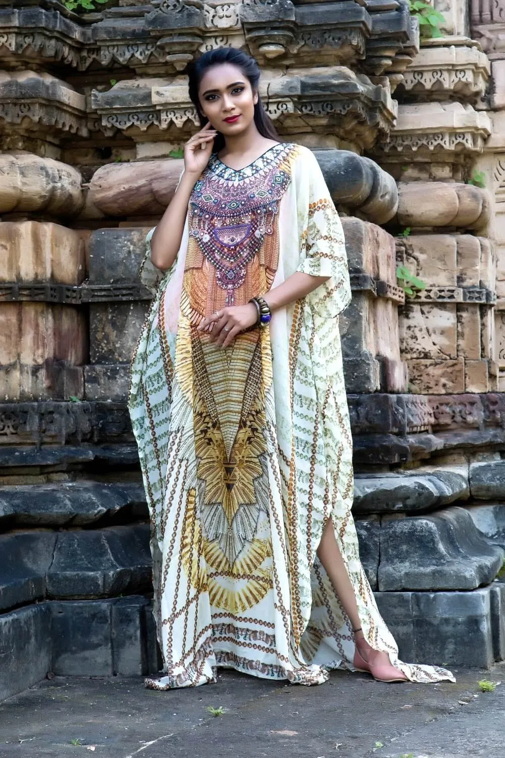 Geometric Jeweled Silk Kaftan of Full Length Ornamental Necklace Print