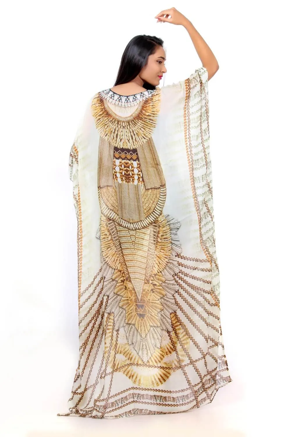 Geometric Jeweled Silk Kaftan of Full Length Ornamental Necklace Print