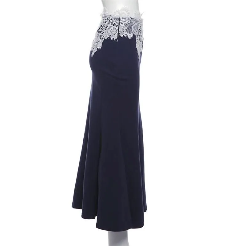 Lace patchwork zip-up maxi skirt
