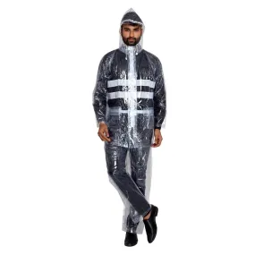 Men Rain Coat with Waterproof PVC, Hood & Reflective Stripes | Set of Top and Bottom | XX-Large | Transparent