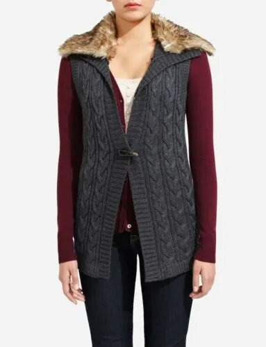 NWT The Limited Faux Fur Collar Grey Sweater Fashionable Lighweight Vest Size M