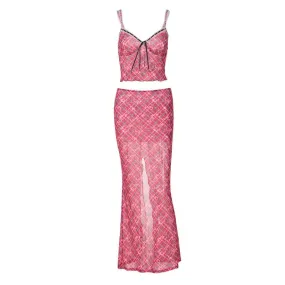 Plaid contrast lace hem v neck slit cami maxi skirt set