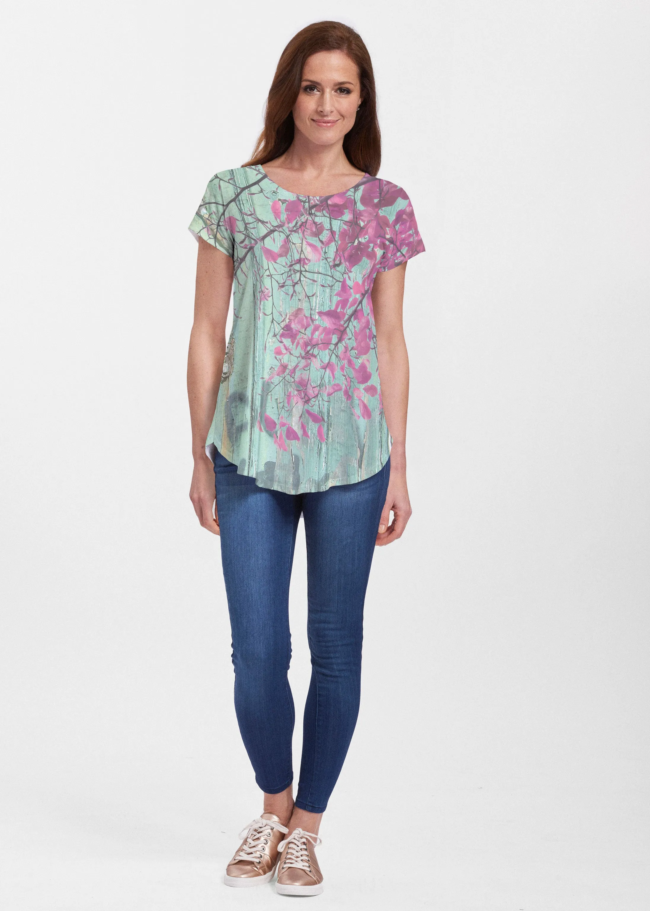 Rustic Blooms (25022) ~ Signature Short Sleeve Scoop Neck Flowy Tunic
