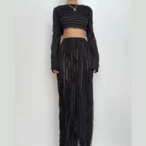 Textured self tie solid backless ruffle maxi skirt set